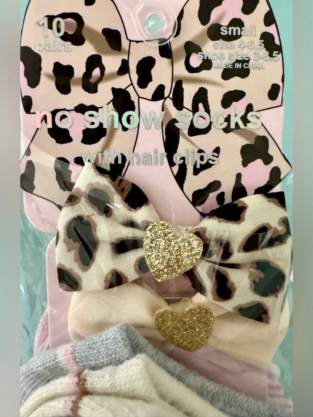 Girls Pink Leopard Bow 10 Pairs Socks and 2 Hair Clips